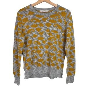 LOFT Women's Medium Grey Mustard Yellow Abstract Cotton Wool Blend Sweater